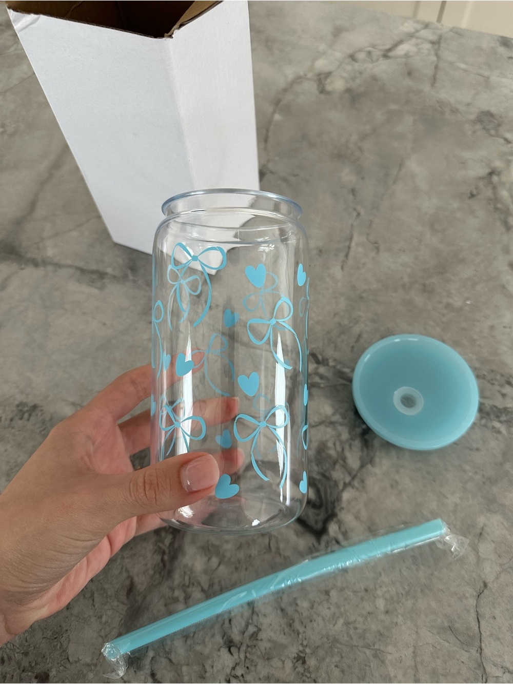Clear Tumbler with Blue Heart & Bow Print